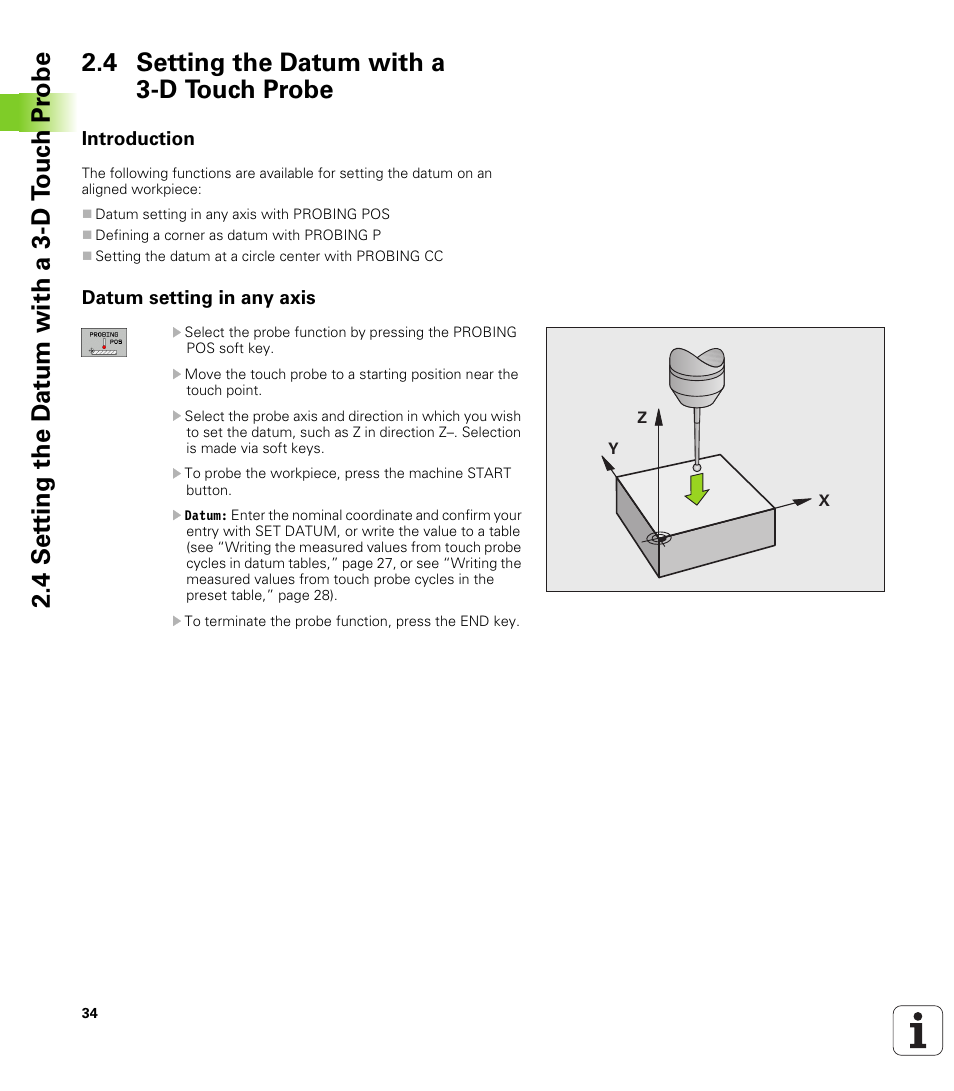 4 setting the datum with a 3-d touch probe, Introduction, Datum setting in any axis | HEIDENHAIN TNC 320 (340 55x-03) Touch Probe Cycles User Manual | Page 34 / 165
