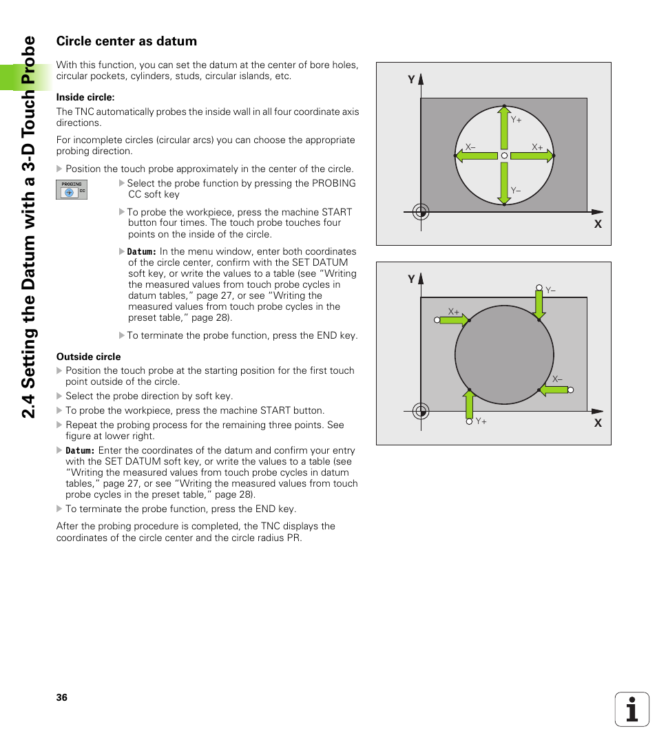 Circle center as datum, 4 set ting the d a tu m with a 3-d t o uc h pr obe | HEIDENHAIN TNC 320 (340 55x-03) Touch Probe Cycles User Manual | Page 36 / 165