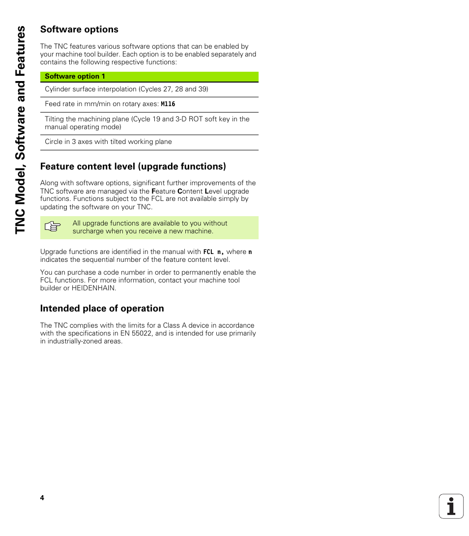 Software options, Feature content level (upgrade functions), Intended place of operation | Tnc model, sof tw a re and f eat ur es | HEIDENHAIN TNC 320 (340 55x-03) Touch Probe Cycles User Manual | Page 4 / 165