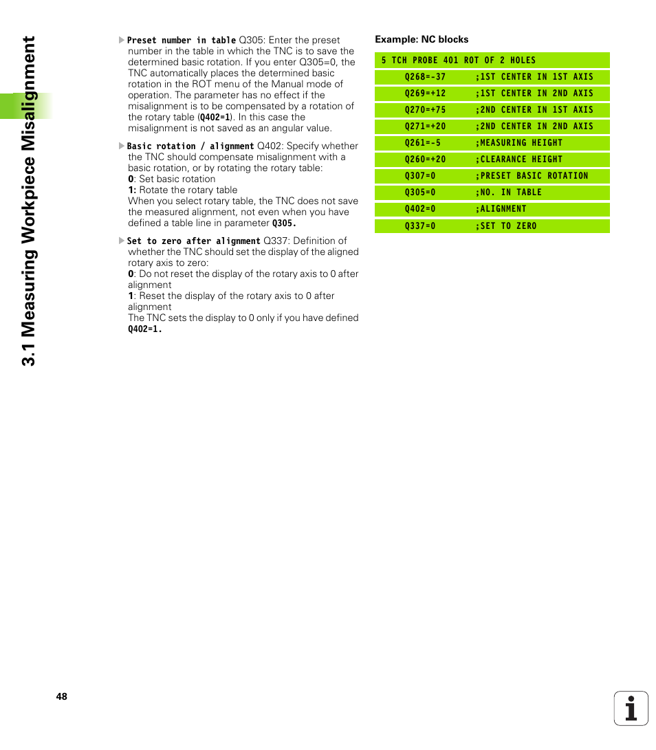 1 measur ing w o rk piece misalignment | HEIDENHAIN TNC 320 (340 55x-03) Touch Probe Cycles User Manual | Page 48 / 165