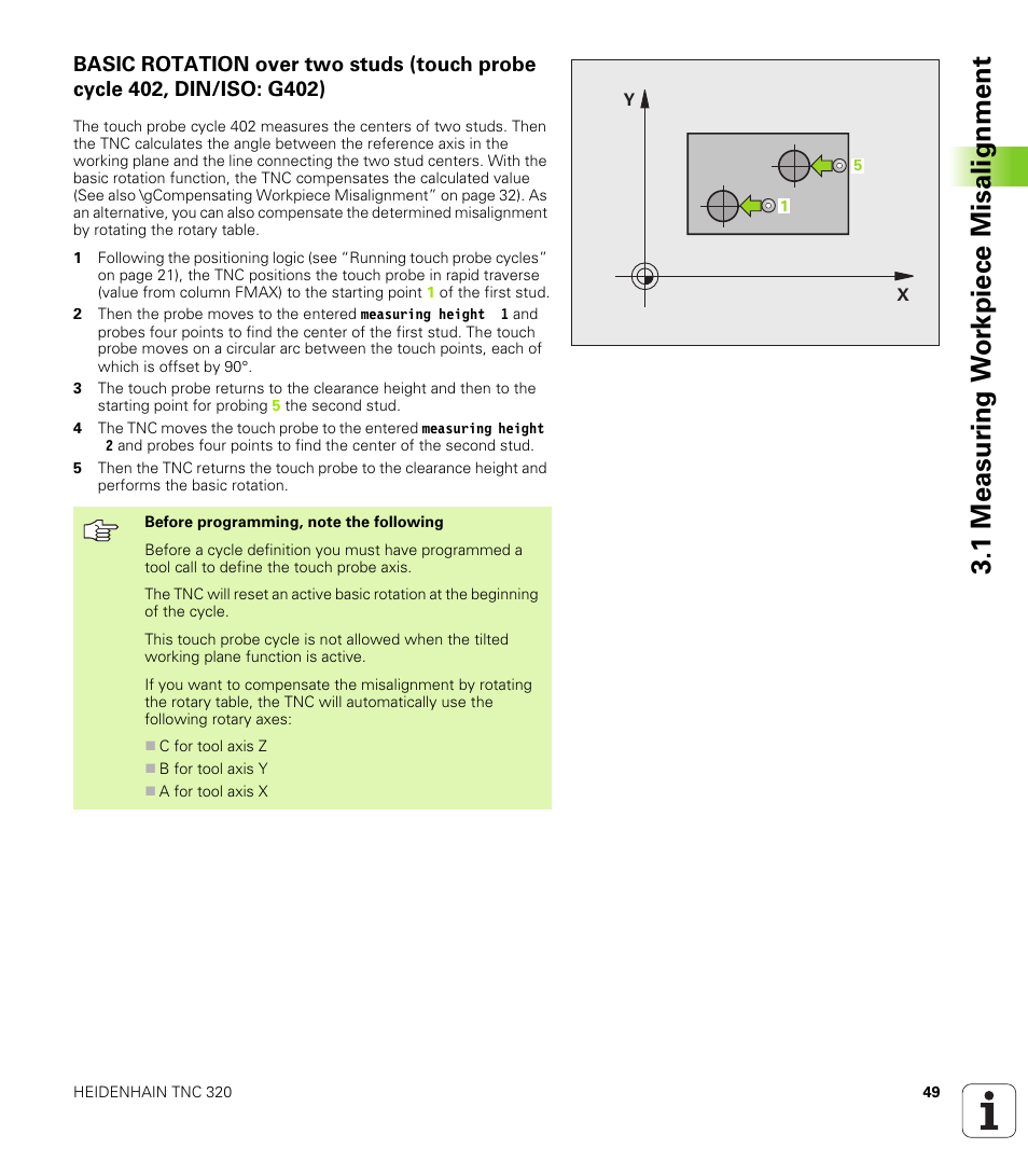 1 measur ing w o rk piece misalignment | HEIDENHAIN TNC 320 (340 55x-03) Touch Probe Cycles User Manual | Page 49 / 165