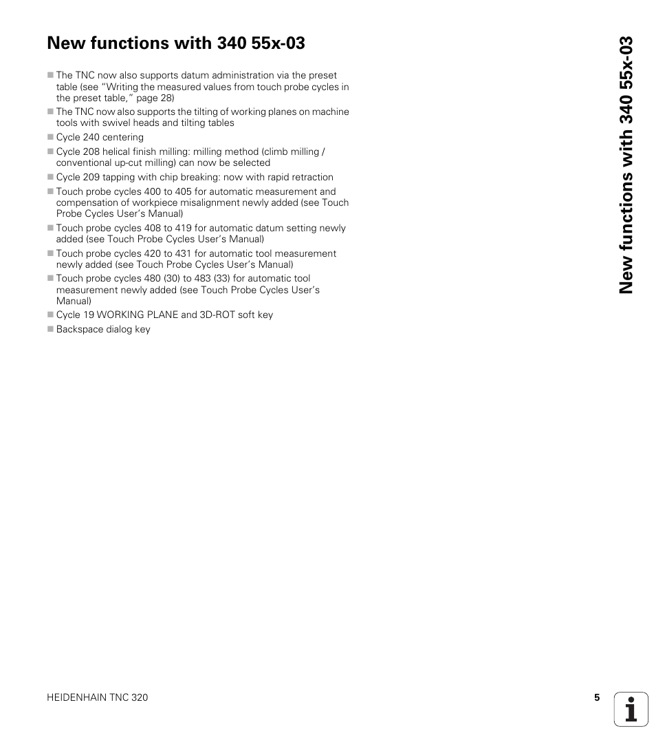 New functions with 340 55x-03 | HEIDENHAIN TNC 320 (340 55x-03) Touch Probe Cycles User Manual | Page 5 / 165