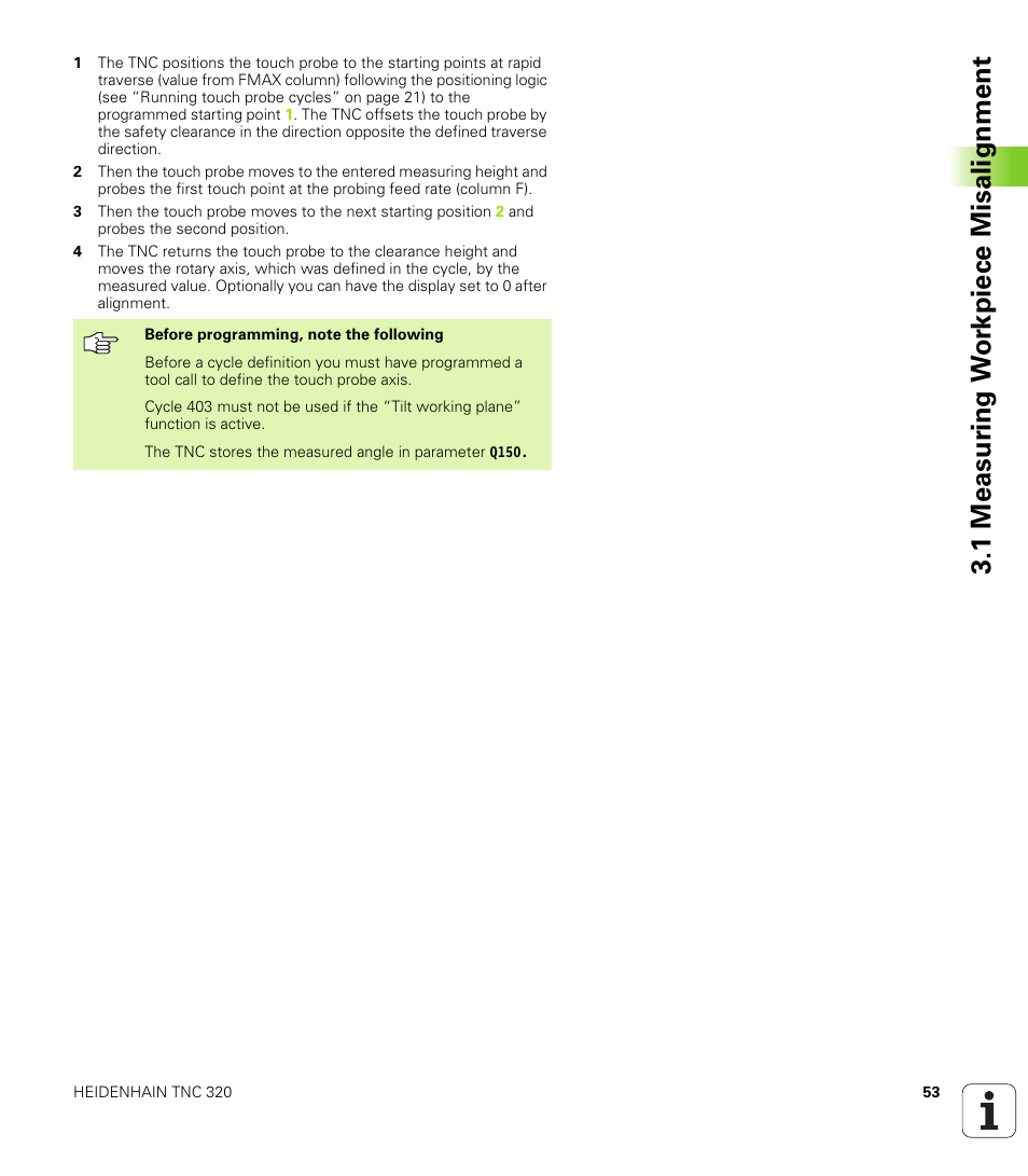 1 measur ing w o rk piece misalignment | HEIDENHAIN TNC 320 (340 55x-03) Touch Probe Cycles User Manual | Page 53 / 165