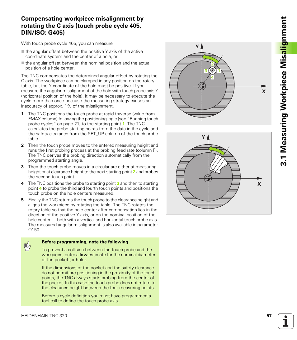 1 measur ing w o rk piece misalignment | HEIDENHAIN TNC 320 (340 55x-03) Touch Probe Cycles User Manual | Page 57 / 165