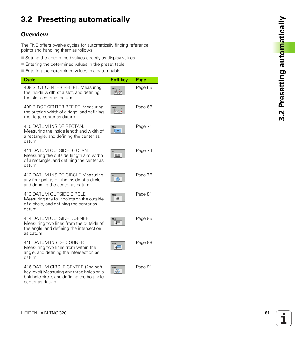 2 presetting automatically, Overview | HEIDENHAIN TNC 320 (340 55x-03) Touch Probe Cycles User Manual | Page 61 / 165