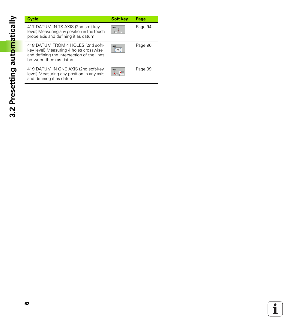 2 pr eset ting aut o matically | HEIDENHAIN TNC 320 (340 55x-03) Touch Probe Cycles User Manual | Page 62 / 165
