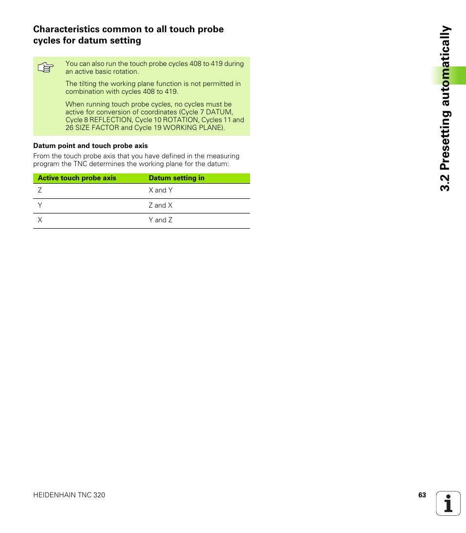 2 pr eset ting aut o matically | HEIDENHAIN TNC 320 (340 55x-03) Touch Probe Cycles User Manual | Page 63 / 165