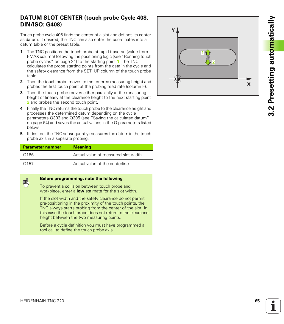 2 pr eset ting aut o matically | HEIDENHAIN TNC 320 (340 55x-03) Touch Probe Cycles User Manual | Page 65 / 165