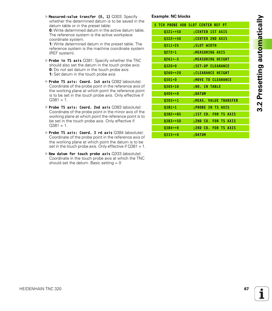 2 pr eset ting aut o matically | HEIDENHAIN TNC 320 (340 55x-03) Touch Probe Cycles User Manual | Page 67 / 165