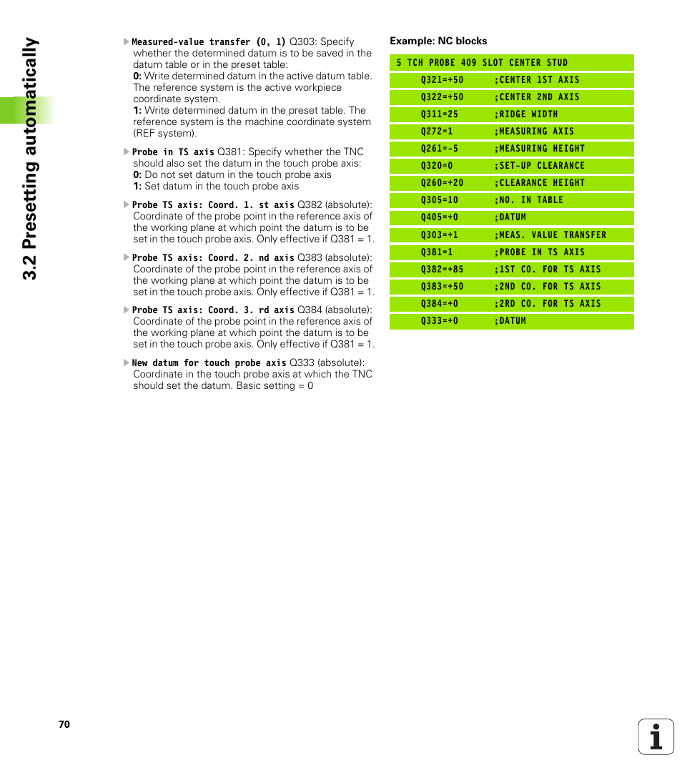 2 pr eset ting aut o matically | HEIDENHAIN TNC 320 (340 55x-03) Touch Probe Cycles User Manual | Page 70 / 165