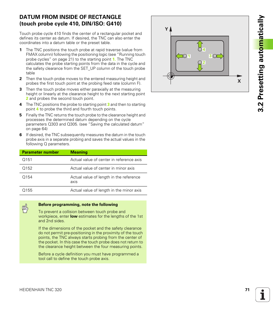 2 pr eset ting aut o matically | HEIDENHAIN TNC 320 (340 55x-03) Touch Probe Cycles User Manual | Page 71 / 165