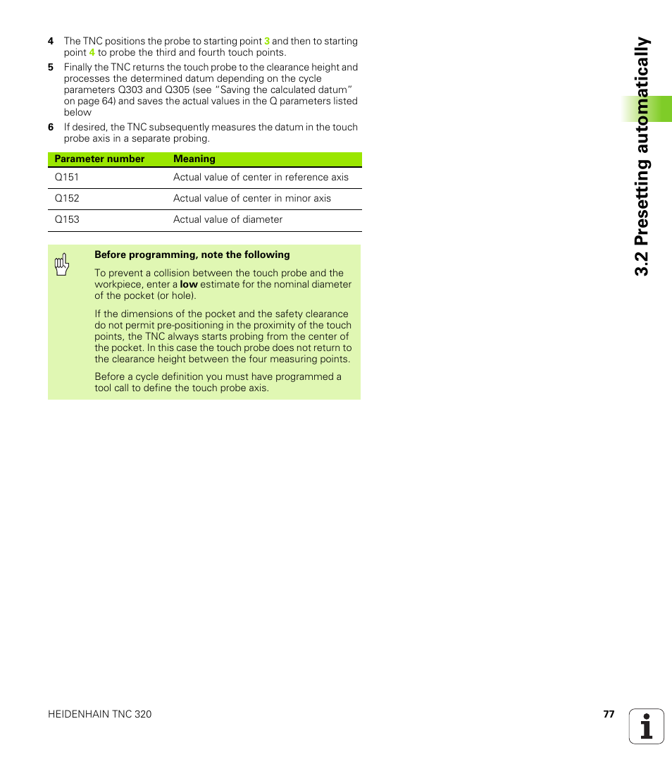 2 pr eset ting aut o matically | HEIDENHAIN TNC 320 (340 55x-03) Touch Probe Cycles User Manual | Page 77 / 165