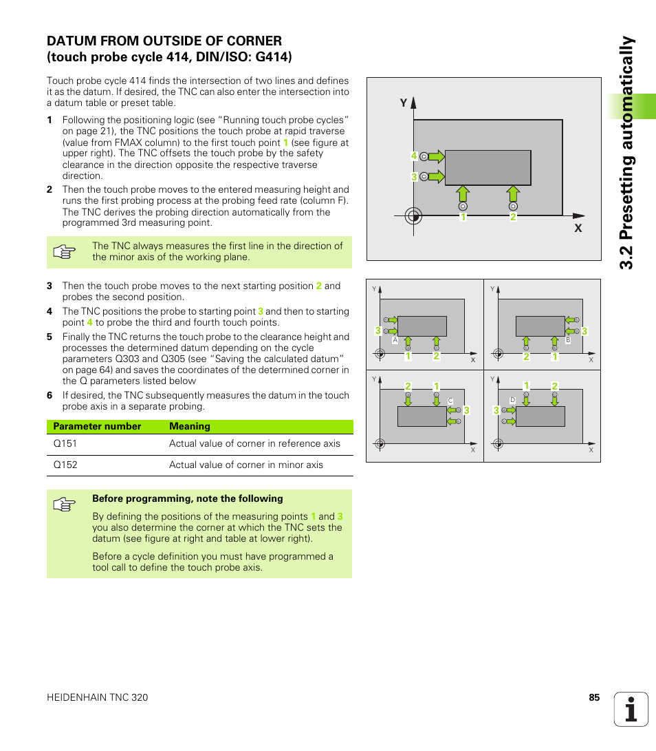 2 pr eset ting aut o matically | HEIDENHAIN TNC 320 (340 55x-03) Touch Probe Cycles User Manual | Page 85 / 165