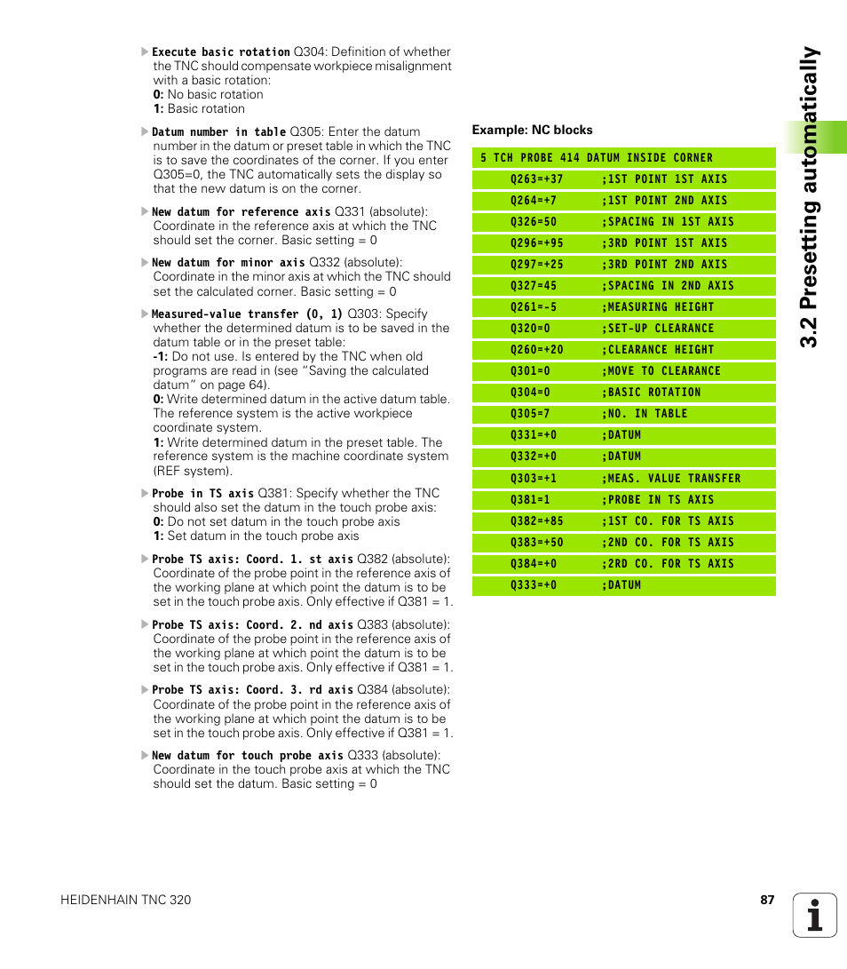 2 pr eset ting aut o matically | HEIDENHAIN TNC 320 (340 55x-03) Touch Probe Cycles User Manual | Page 87 / 165