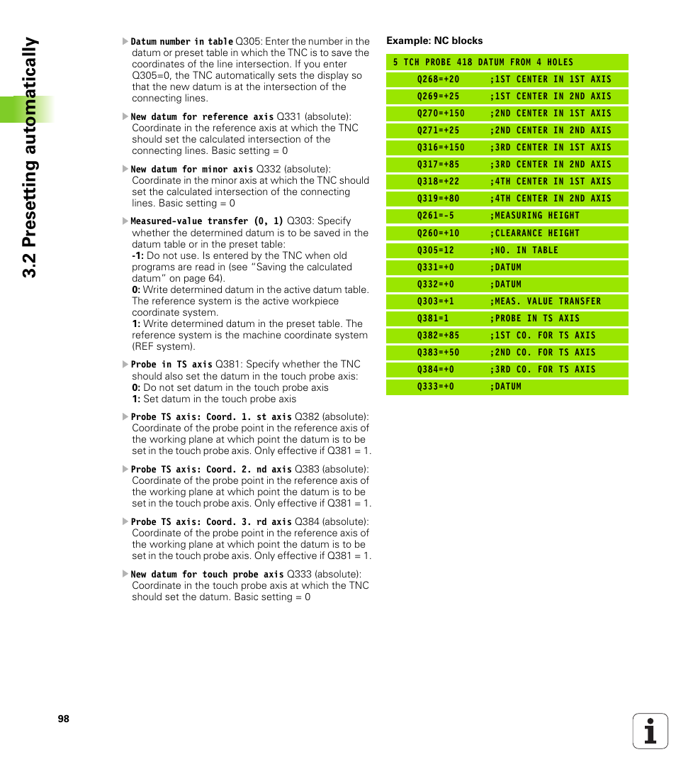 2 pr eset ting aut o matically | HEIDENHAIN TNC 320 (340 55x-03) Touch Probe Cycles User Manual | Page 98 / 165