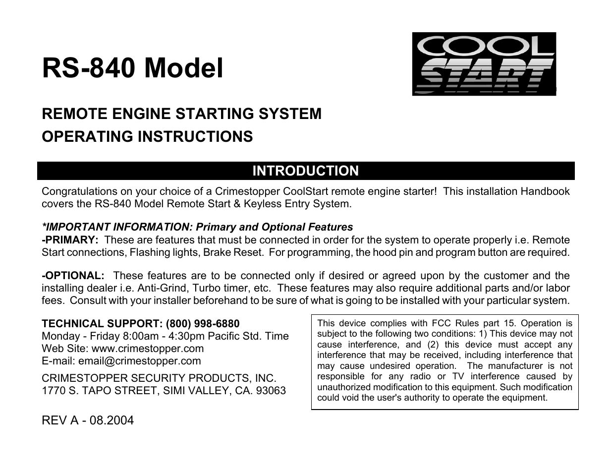 Crimestopper Security Products RS-840 User Manual | 12 pages
