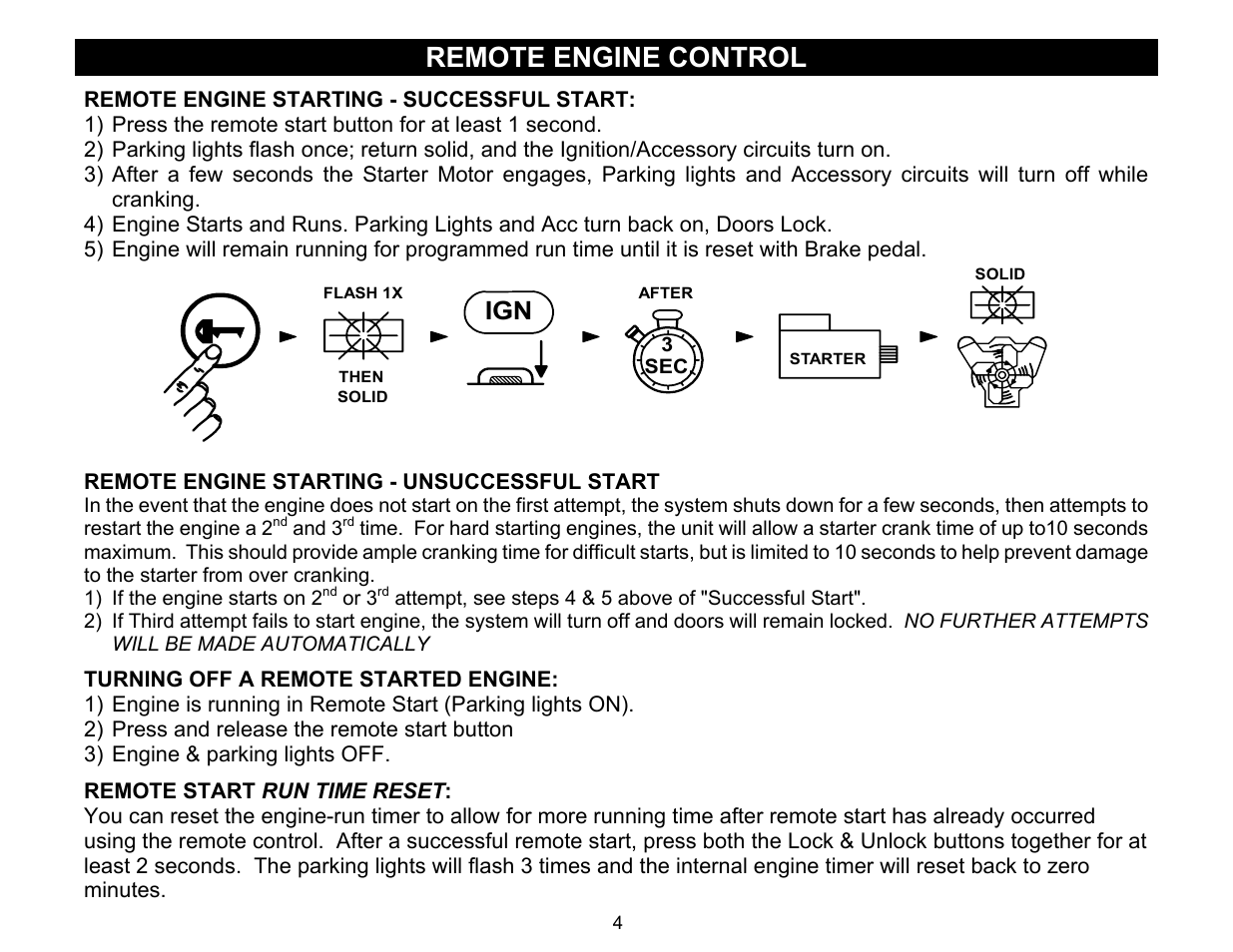 Remote engine control, Remote engine starting - successful start, Remote engine starting - unsuccessful start | Turning off a remote started engine, Remote start run time reset | Crimestopper Security Products RS-840 User Manual | Page 4 / 12