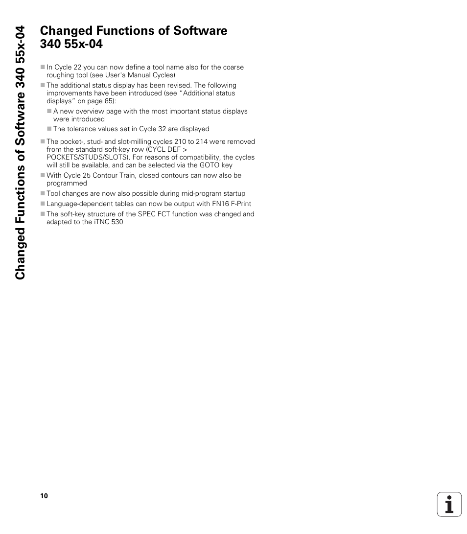 Changed functions of software 340 55x-04 | HEIDENHAIN TNC 320 (340 55x-04) User Manual | Page 10 / 497