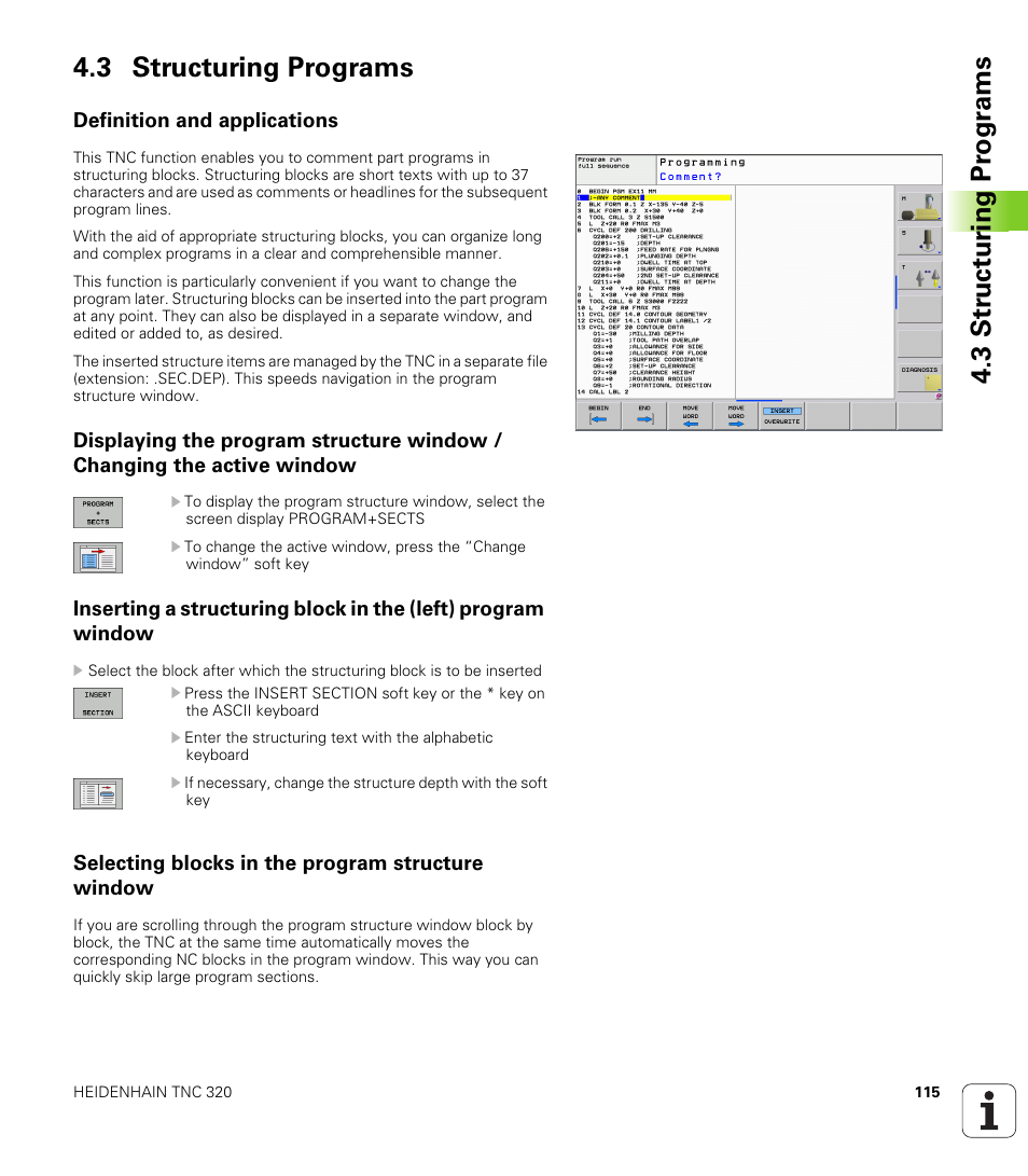 3 structuring programs, Definition and applications, Selecting blocks in the program structure window | HEIDENHAIN TNC 320 (340 55x-04) User Manual | Page 115 / 497