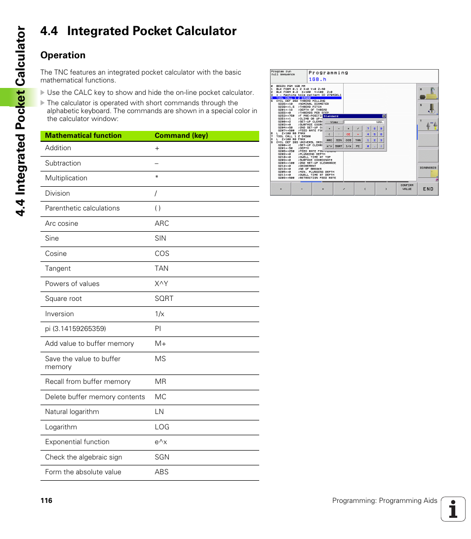 4 integrated pocket calculator, Operation | HEIDENHAIN TNC 320 (340 55x-04) User Manual | Page 116 / 497