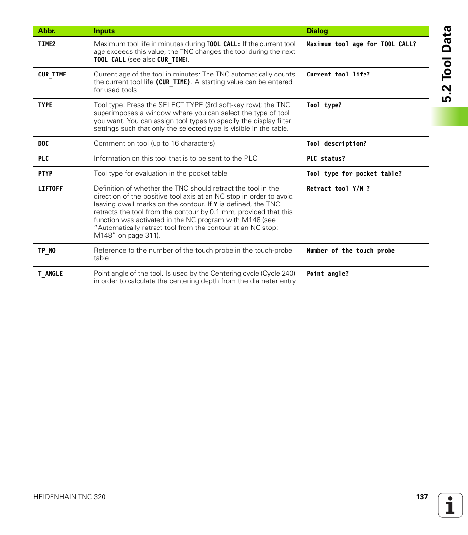 2 t ool d a ta | HEIDENHAIN TNC 320 (340 55x-04) User Manual | Page 137 / 497