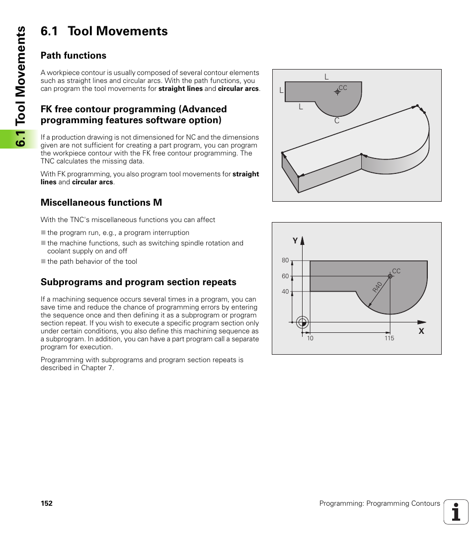 1 tool movements, Path functions, Miscellaneous functions m | Subprograms and program section repeats, 1 t ool mo v e ments 6.1 tool movements | HEIDENHAIN TNC 320 (340 55x-04) User Manual | Page 152 / 497