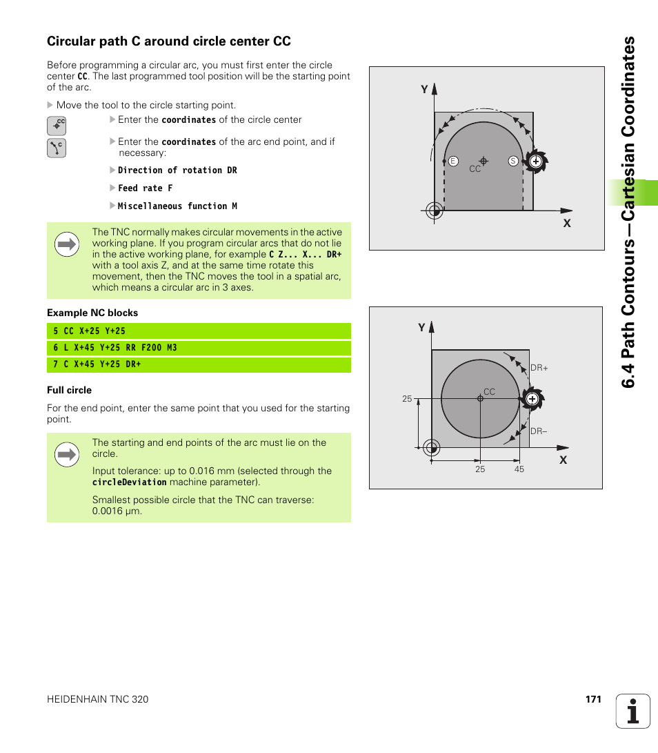 Circular path c around circle center cc, 4 p a th cont ours—car te sian coor dinat e s | HEIDENHAIN TNC 320 (340 55x-04) User Manual | Page 171 / 497