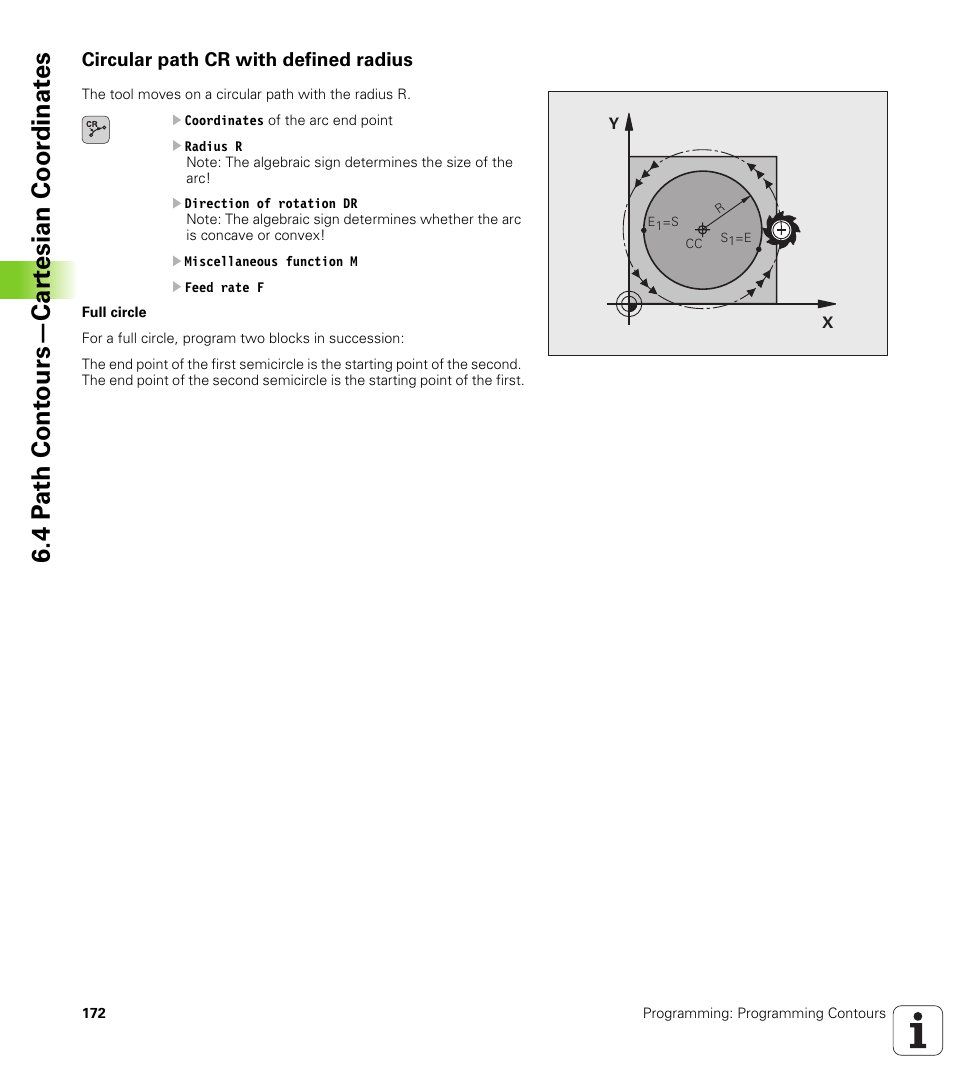 Circular path cr with defined radius, 4 p a th cont ours—car te sian coor dinat e s | HEIDENHAIN TNC 320 (340 55x-04) User Manual | Page 172 / 497