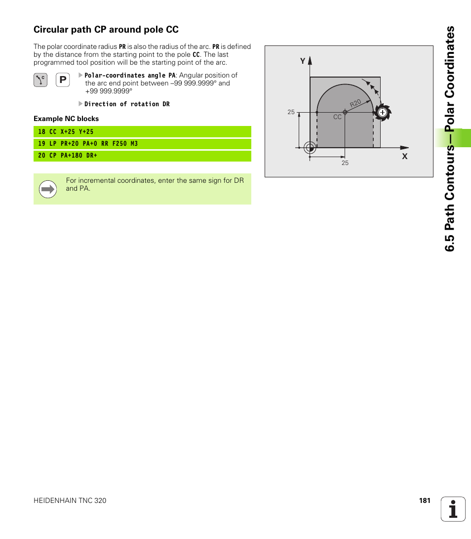 Circular path cp around pole cc, 5 p a th cont ours—p o lar coor dinat e s | HEIDENHAIN TNC 320 (340 55x-04) User Manual | Page 181 / 497