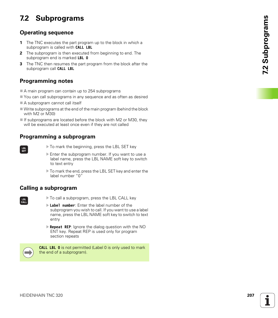 2 subprograms, Operating sequence, Programming notes | Programming a subprogram, Calling a subprogram, 2 subpr ogr a ms 7.2 subprograms | HEIDENHAIN TNC 320 (340 55x-04) User Manual | Page 207 / 497