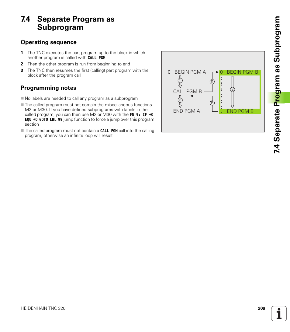 4 separate program as subprogram, Operating sequence, Programming notes | HEIDENHAIN TNC 320 (340 55x-04) User Manual | Page 209 / 497