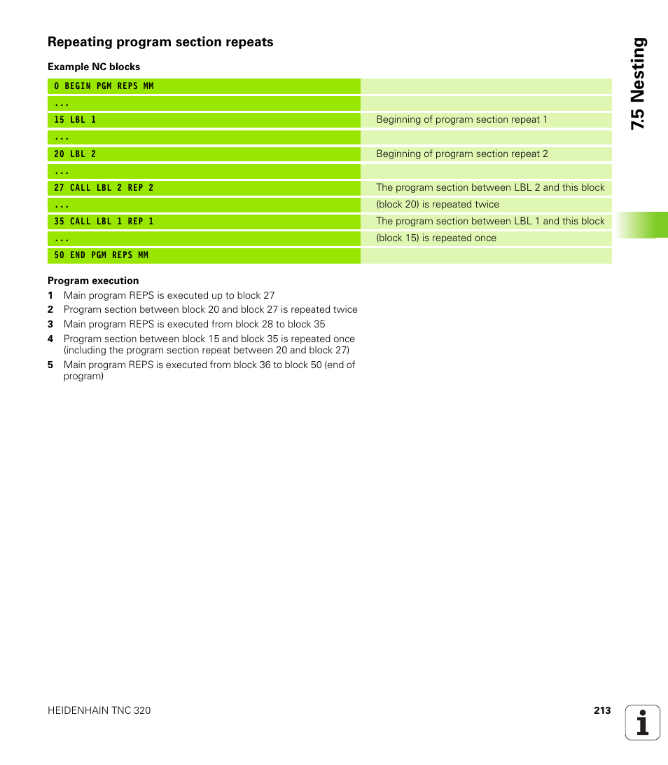 Repeating program section repeats, 5 nesting | HEIDENHAIN TNC 320 (340 55x-04) User Manual | Page 213 / 497