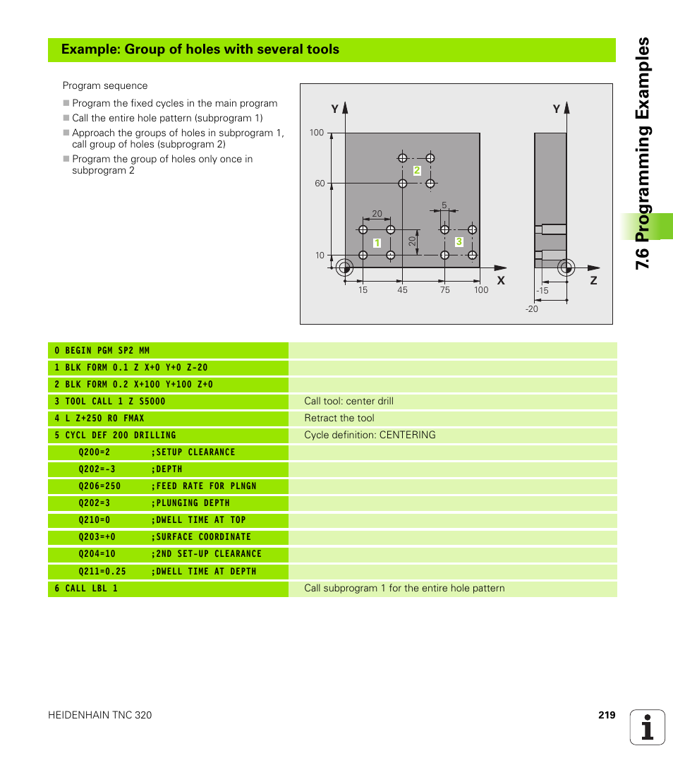 6 pr ogr amming examples, Example: group of holes with several tools | HEIDENHAIN TNC 320 (340 55x-04) User Manual | Page 219 / 497