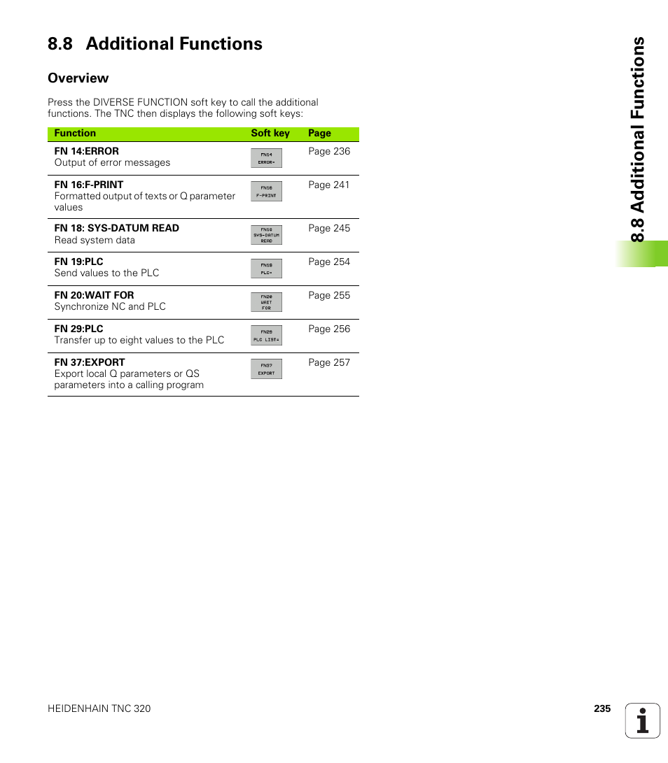 8 additional functions, Overview, 8 a d ditional f unctions 8.8 additional functions | HEIDENHAIN TNC 320 (340 55x-04) User Manual | Page 235 / 497