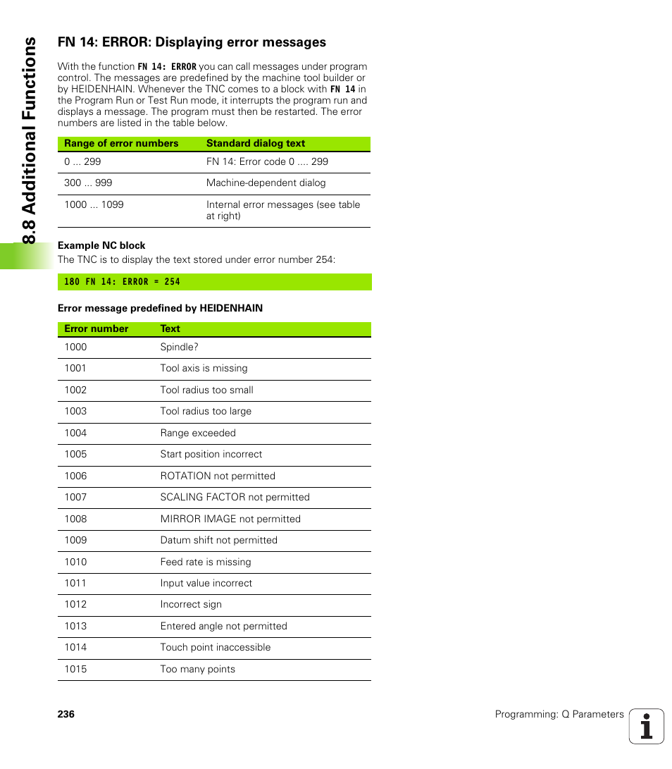 Fn 14: error: displaying error messages, 8 a d ditional f unctions | HEIDENHAIN TNC 320 (340 55x-04) User Manual | Page 236 / 497