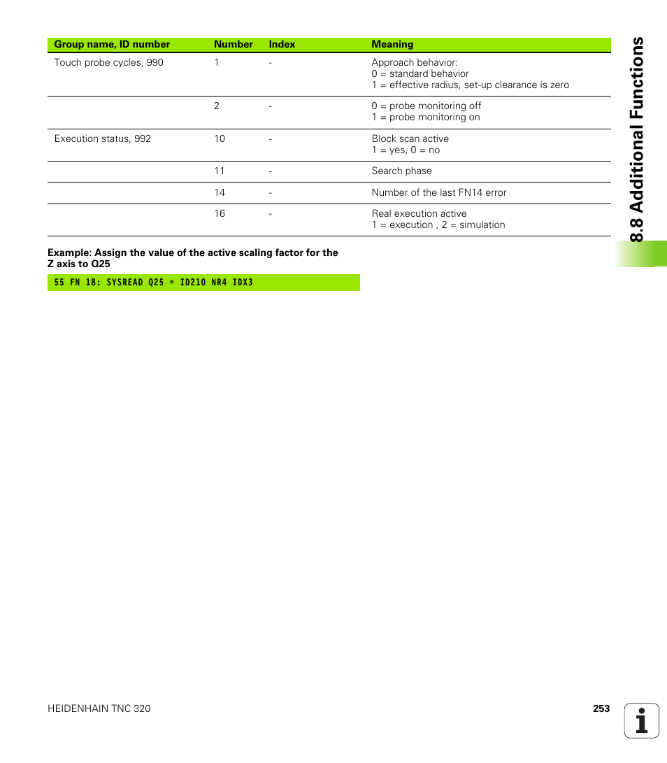 8 a d ditional f unctions | HEIDENHAIN TNC 320 (340 55x-04) User Manual | Page 253 / 497