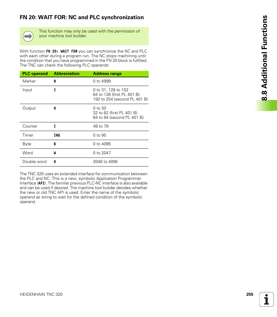 Fn 20: wait for: nc and plc synchronization, 8 a d ditional f unctions | HEIDENHAIN TNC 320 (340 55x-04) User Manual | Page 255 / 497