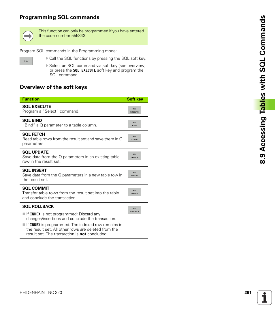 Programming sql commands, Overview of the soft keys, 9 a c cessing t a bles with sql commands | HEIDENHAIN TNC 320 (340 55x-04) User Manual | Page 261 / 497