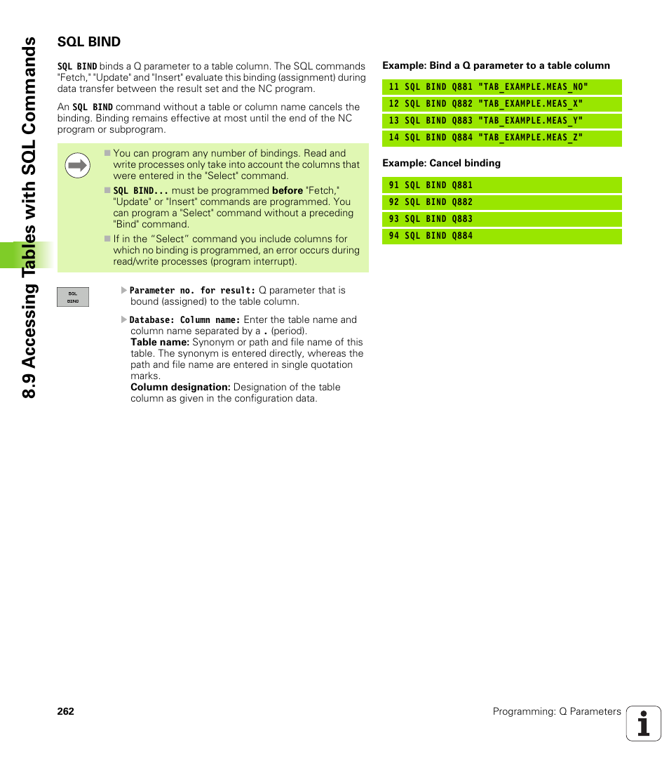 Sql bind, 9 a c cessing t a bles with sql commands | HEIDENHAIN TNC 320 (340 55x-04) User Manual | Page 262 / 497