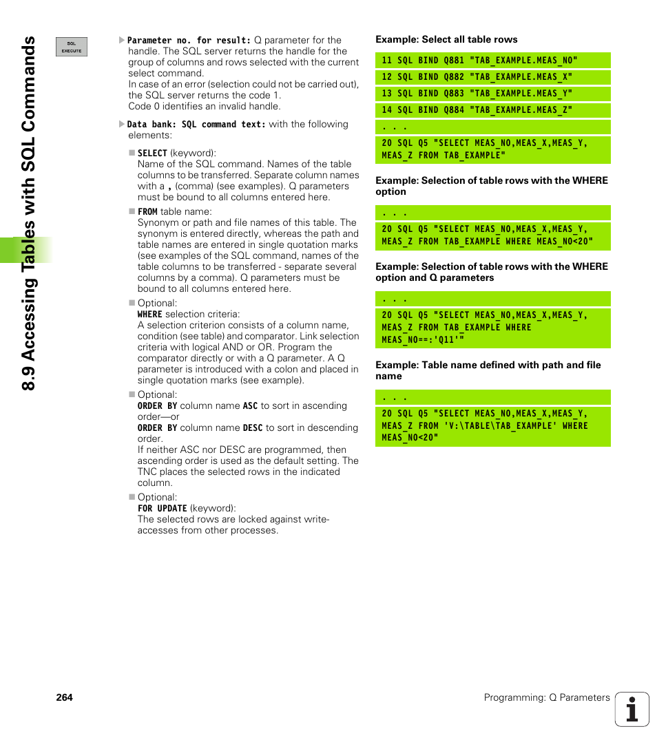 9 a c cessing t a bles with sql commands | HEIDENHAIN TNC 320 (340 55x-04) User Manual | Page 264 / 497