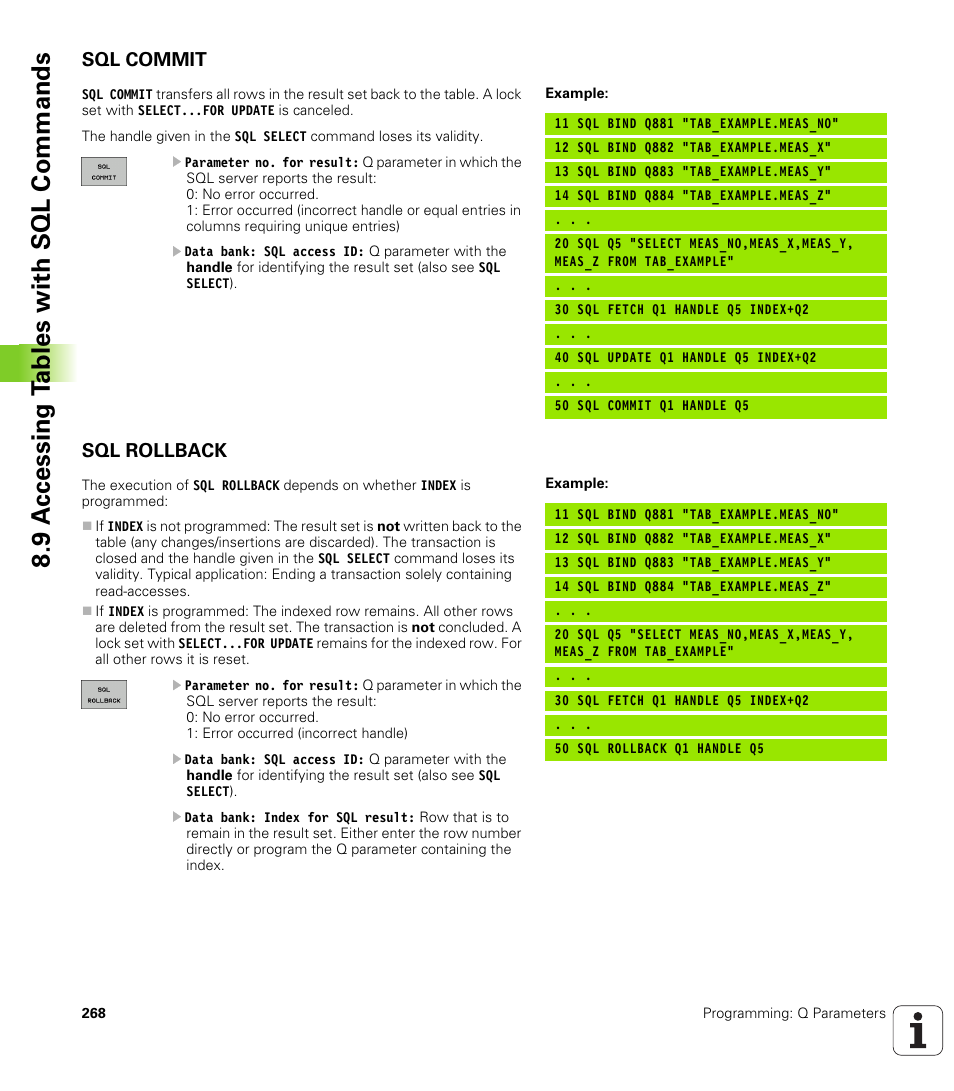 Sql commit, Sql rollback, 9 a c cessing t a bles with sql commands | HEIDENHAIN TNC 320 (340 55x-04) User Manual | Page 268 / 497