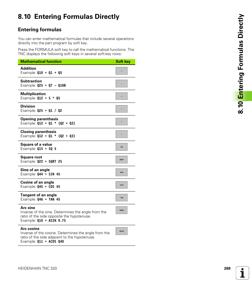 10 entering formulas directly, Entering formulas | HEIDENHAIN TNC 320 (340 55x-04) User Manual | Page 269 / 497