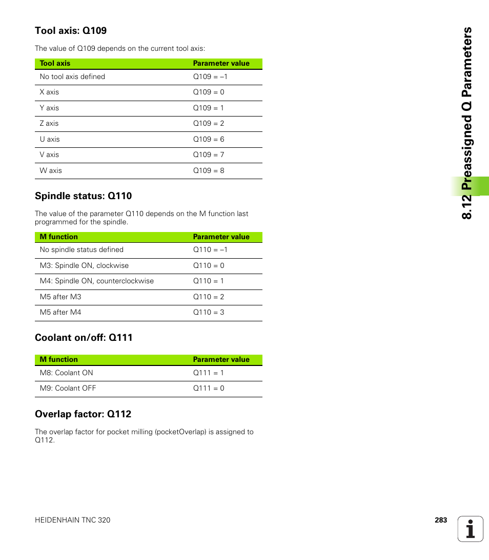 Tool axis: q109, Spindle status: q110, Coolant on/off: q111 | Overlap factor: q112 | HEIDENHAIN TNC 320 (340 55x-04) User Manual | Page 283 / 497
