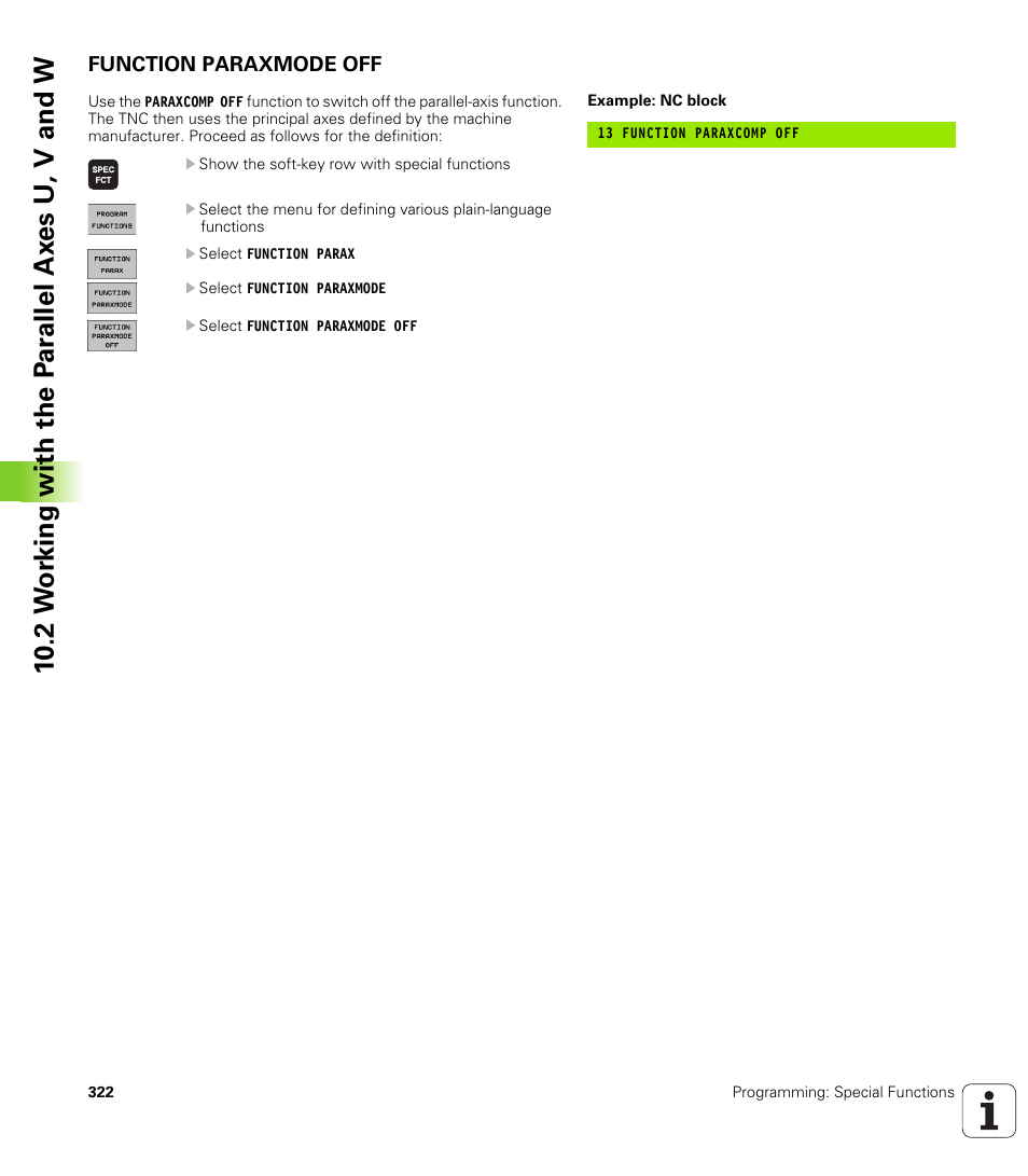 Function paraxmode off | HEIDENHAIN TNC 320 (340 55x-04) User Manual | Page 322 / 497
