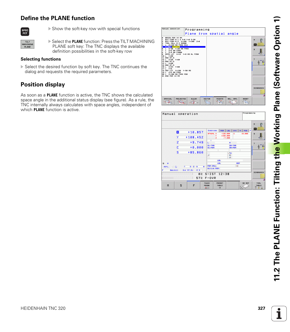 Define the plane function, Position display | HEIDENHAIN TNC 320 (340 55x-04) User Manual | Page 327 / 497