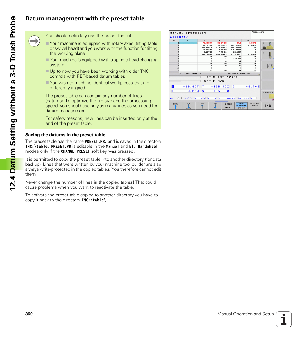 Datum management with the preset table, 4 d a tu m set ting without a 3-d t o uc h pr obe | HEIDENHAIN TNC 320 (340 55x-04) User Manual | Page 360 / 497