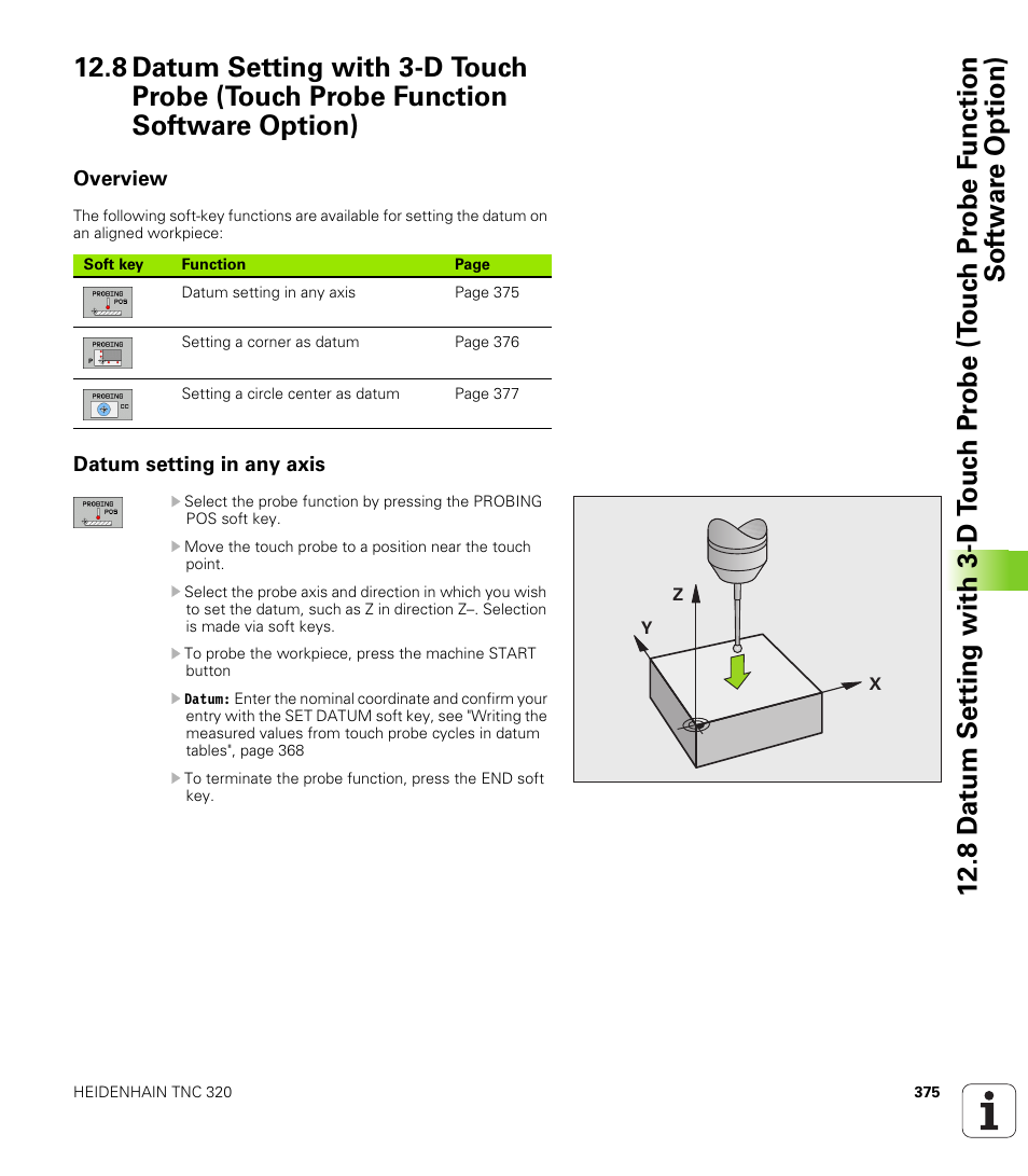 Overview, Datum setting in any axis | HEIDENHAIN TNC 320 (340 55x-04) User Manual | Page 375 / 497