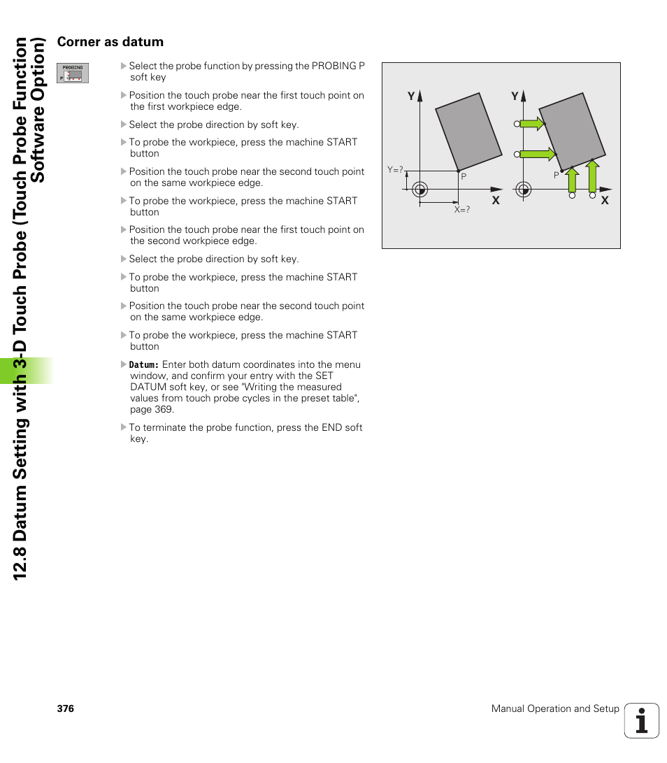 Corner as datum | HEIDENHAIN TNC 320 (340 55x-04) User Manual | Page 376 / 497