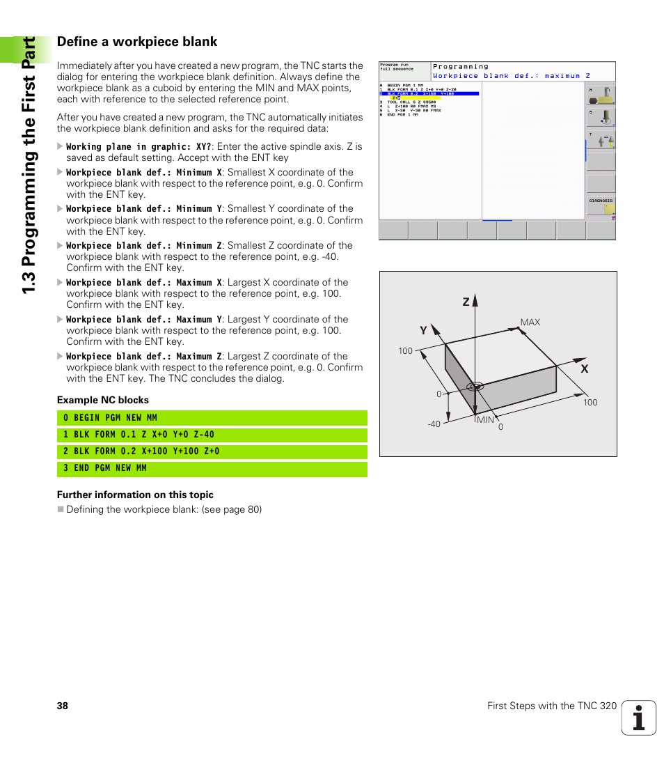 Define a workpiece blank, 3 pr ogr amming the first p a rt | HEIDENHAIN TNC 320 (340 55x-04) User Manual | Page 38 / 497