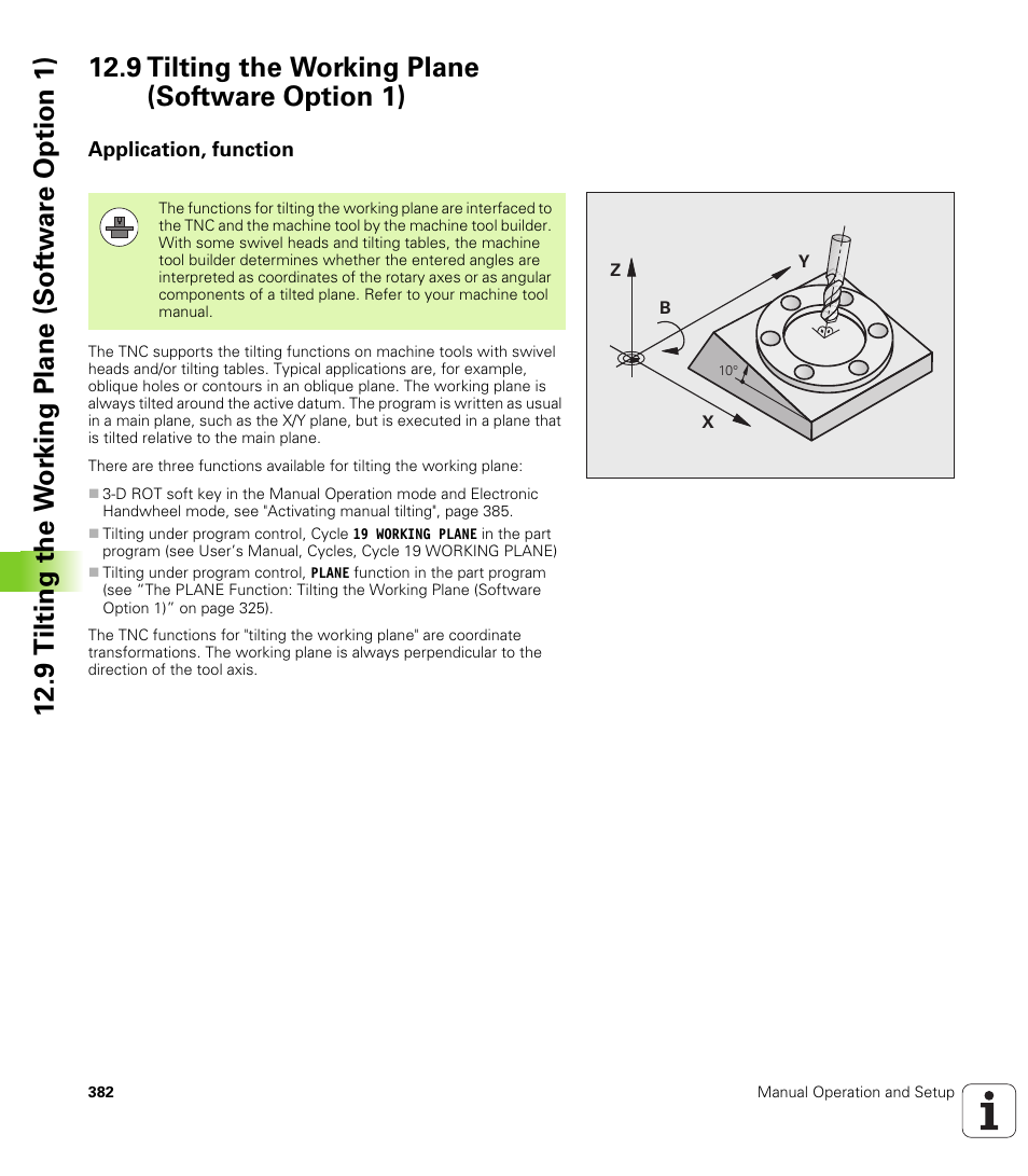 9 tilting the working plane (software option 1), Application, function | HEIDENHAIN TNC 320 (340 55x-04) User Manual | Page 382 / 497